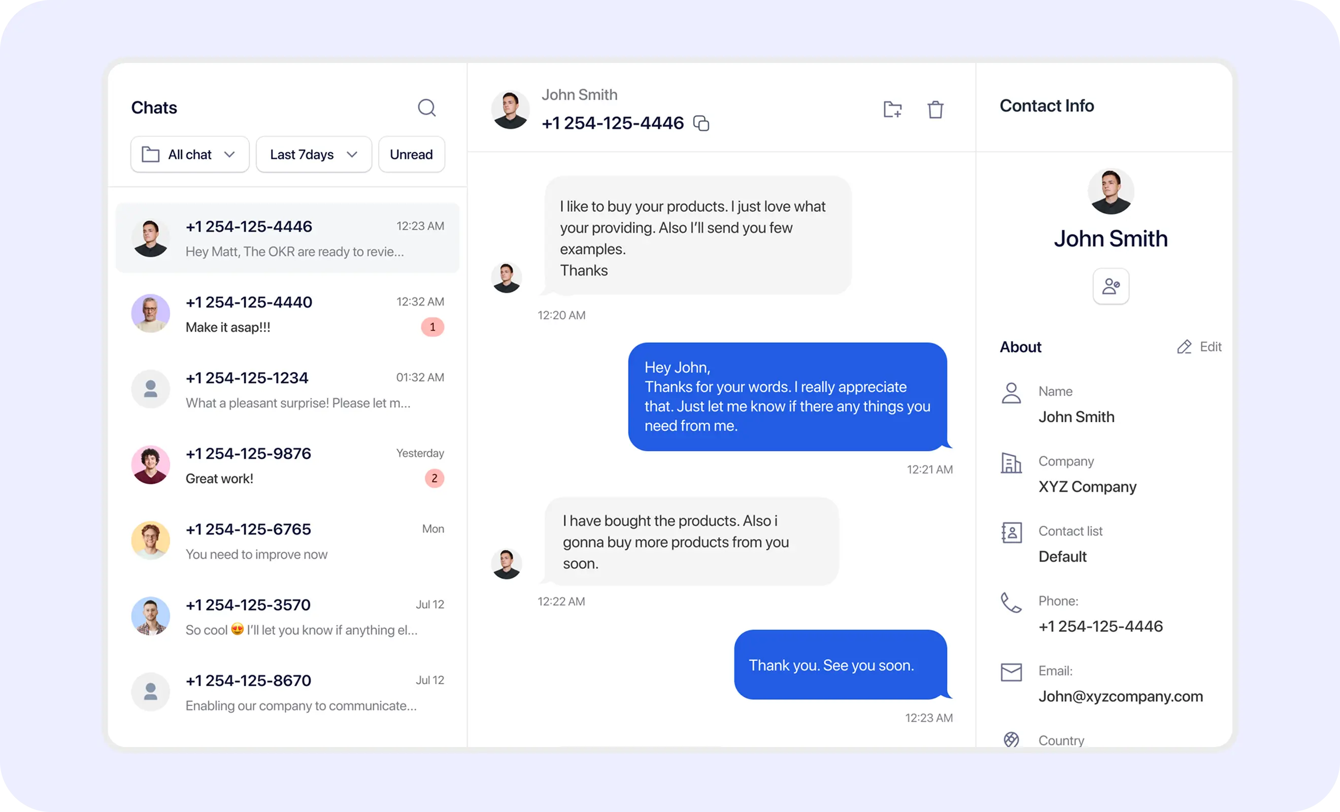 TextTorrent shared inbox showing a customer reply generated from a bulk SMS campaign