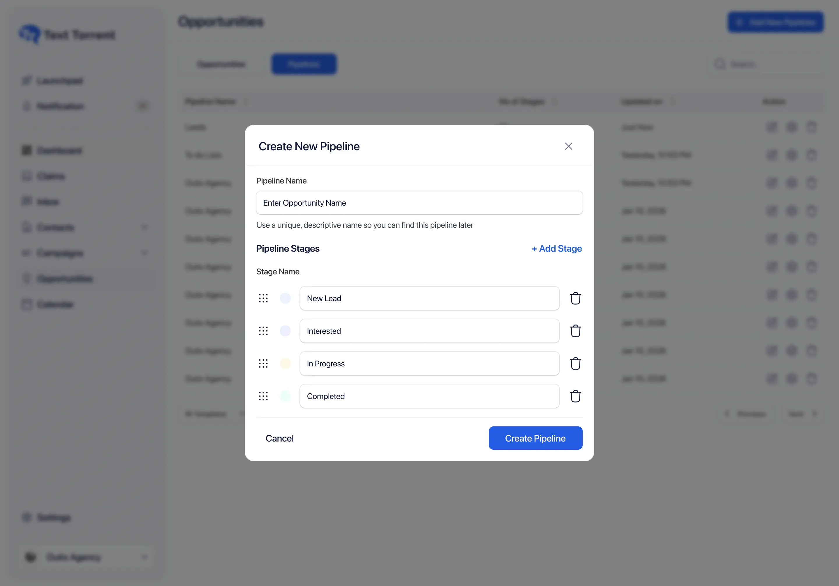 TextTorrent automation trigger selection showing contact, opportunity, and tag events