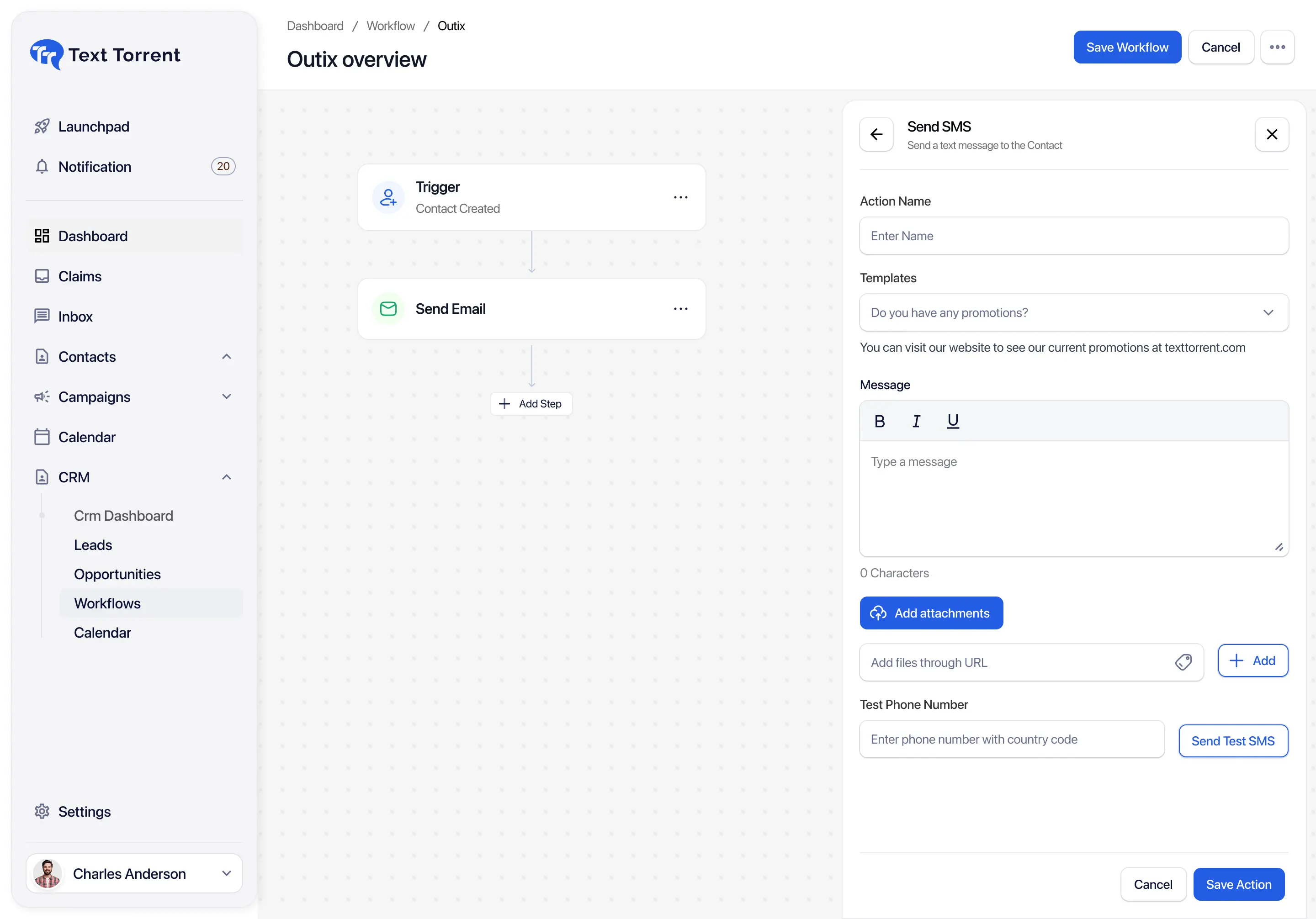 TextTorrent new-contact automation with SMS, delay, task, and end steps